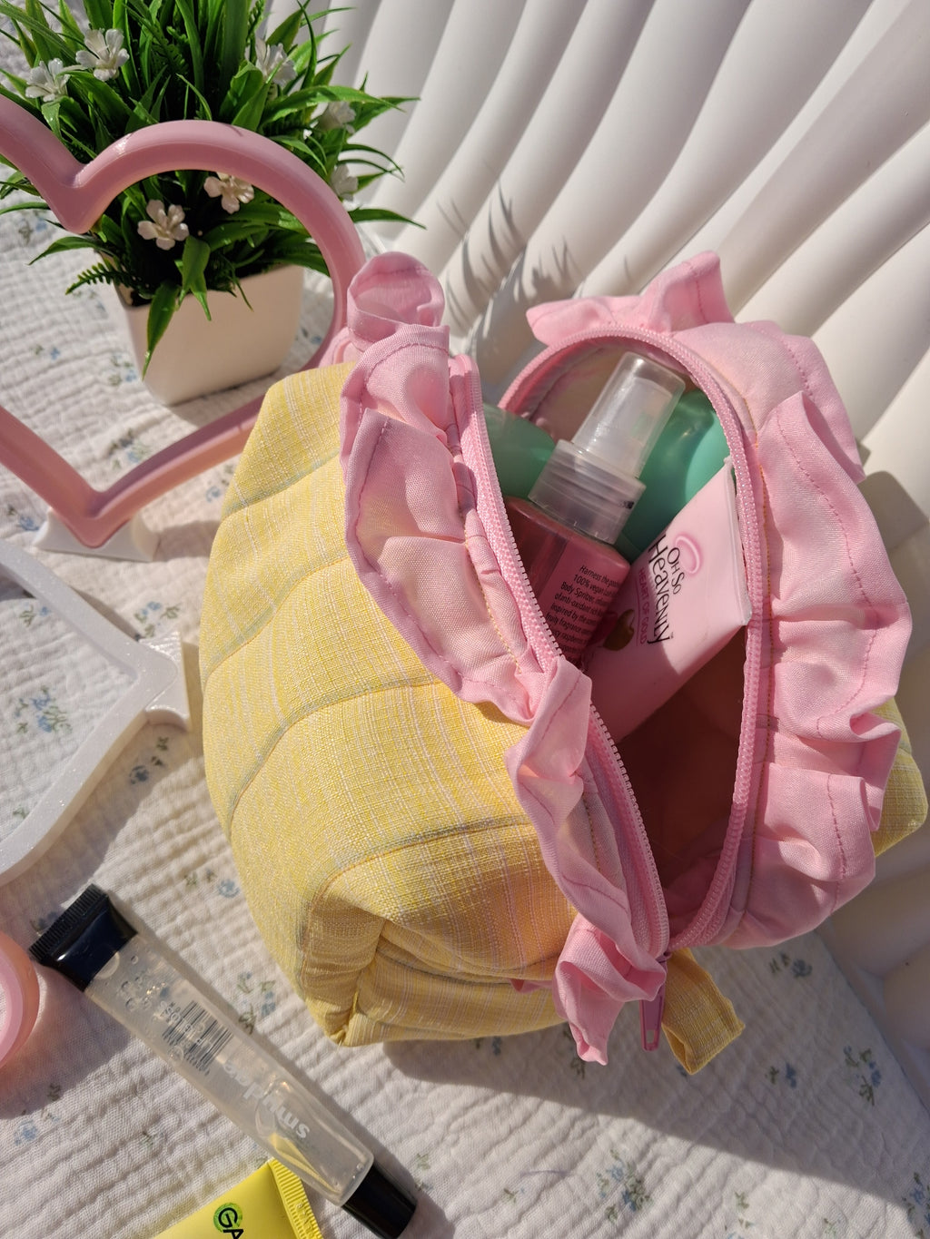 Medium Ruffle Toiletry Bag - Yellow & Baby Pink