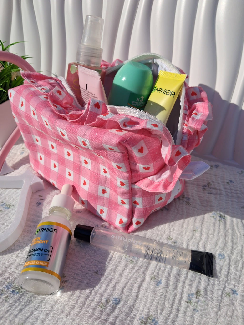 Medium Ruffle Toiletry Bag – Blush Pink Gingham