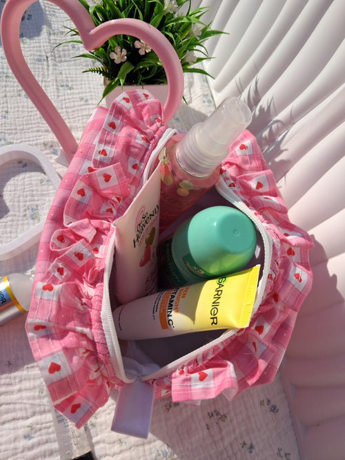 Medium Ruffle Toiletry Bag – Blush Pink Gingham