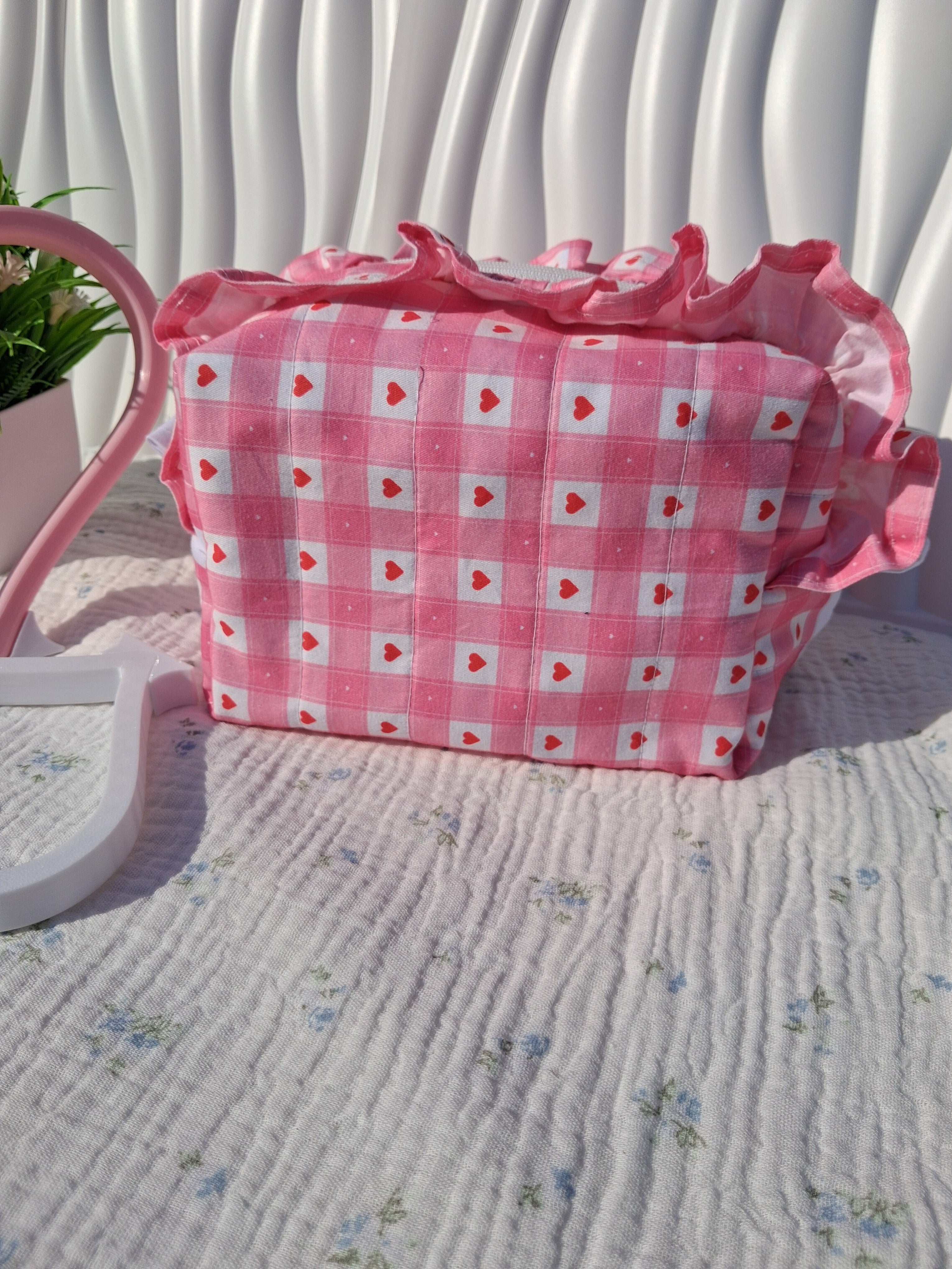 Medium Ruffle Toiletry Bag – Blush Pink Gingham