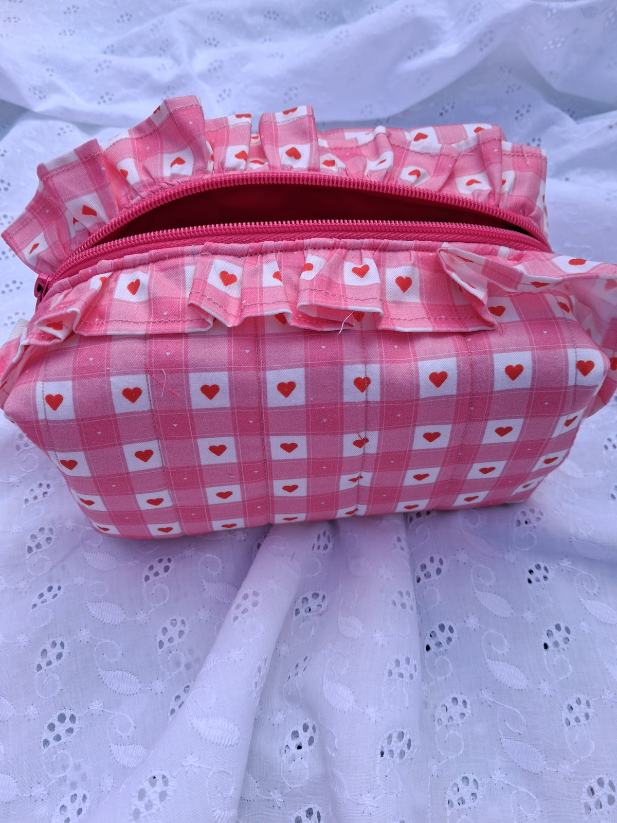 Medium Ruffle Toiletry Bag – Blush Pink Gingham