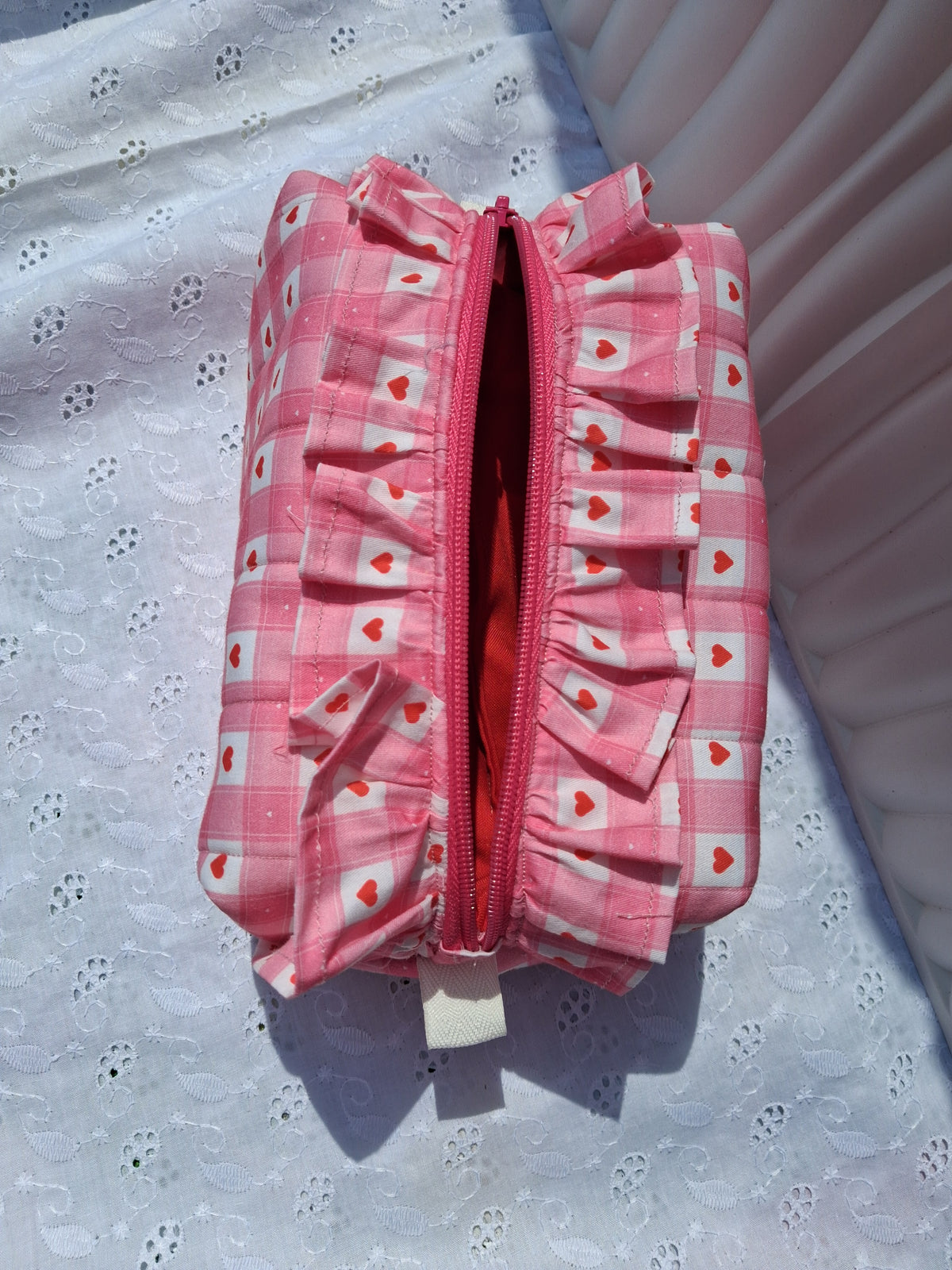 Medium Ruffle Toiletry Bag – Blush Pink Gingham