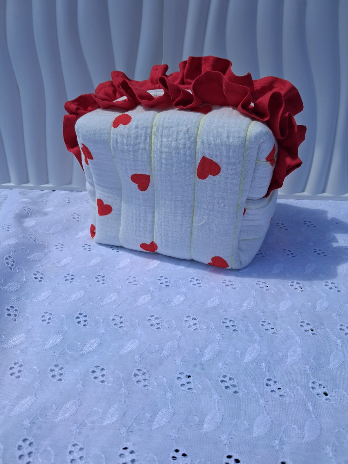 Medium Ruffle Toiletry Bag – Red Hearts