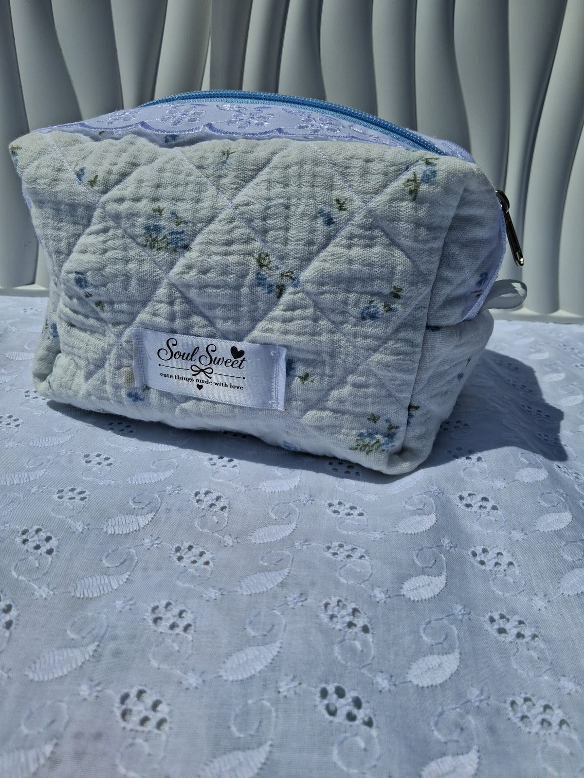 Blue Blossom Quilted Toiletry Bag with Lace Detail