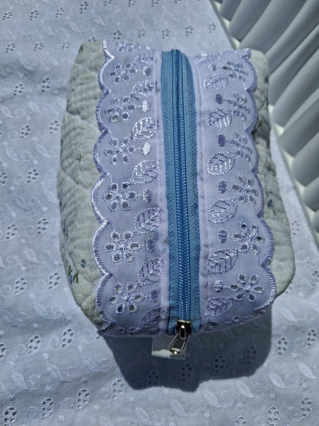 Blue Blossom Quilted Toiletry Bag with Lace Detail