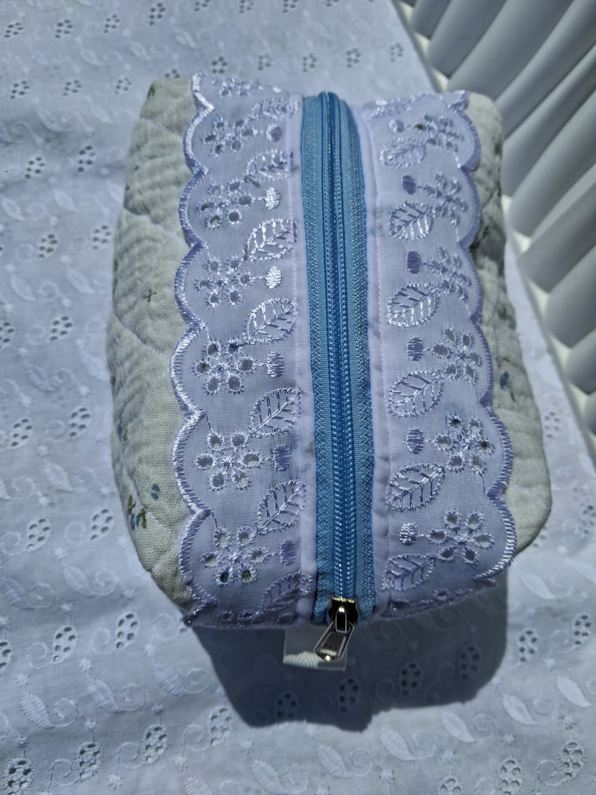 Blue Blossom Quilted Toiletry Bag with Lace Detail
