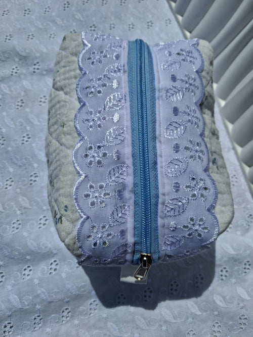 Blue Blossom Quilted Toiletry Bag with Lace Detail