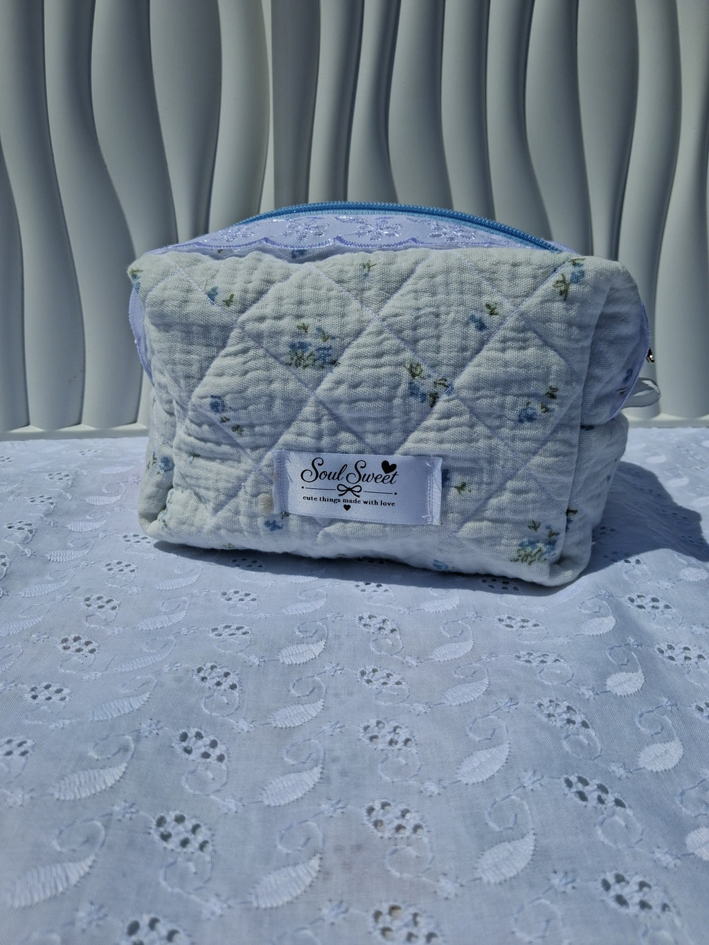 Blue Blossom Quilted Toiletry Bag with Lace Detail