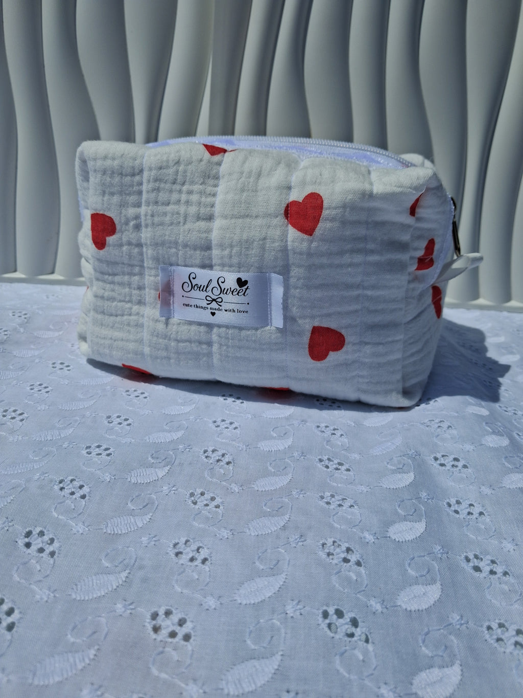 Red Hearts Quilted Medium Toiletry Bag with Lace