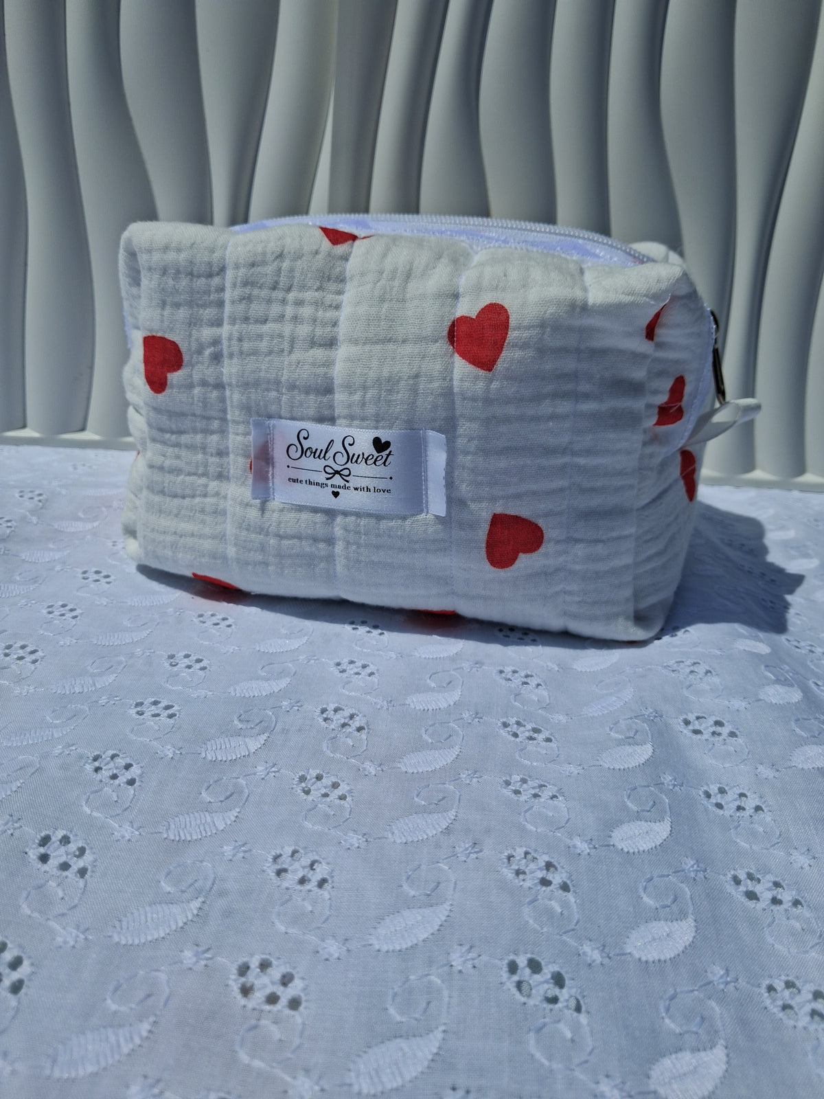 Red Hearts Quilted Medium Toiletry Bag with Lace