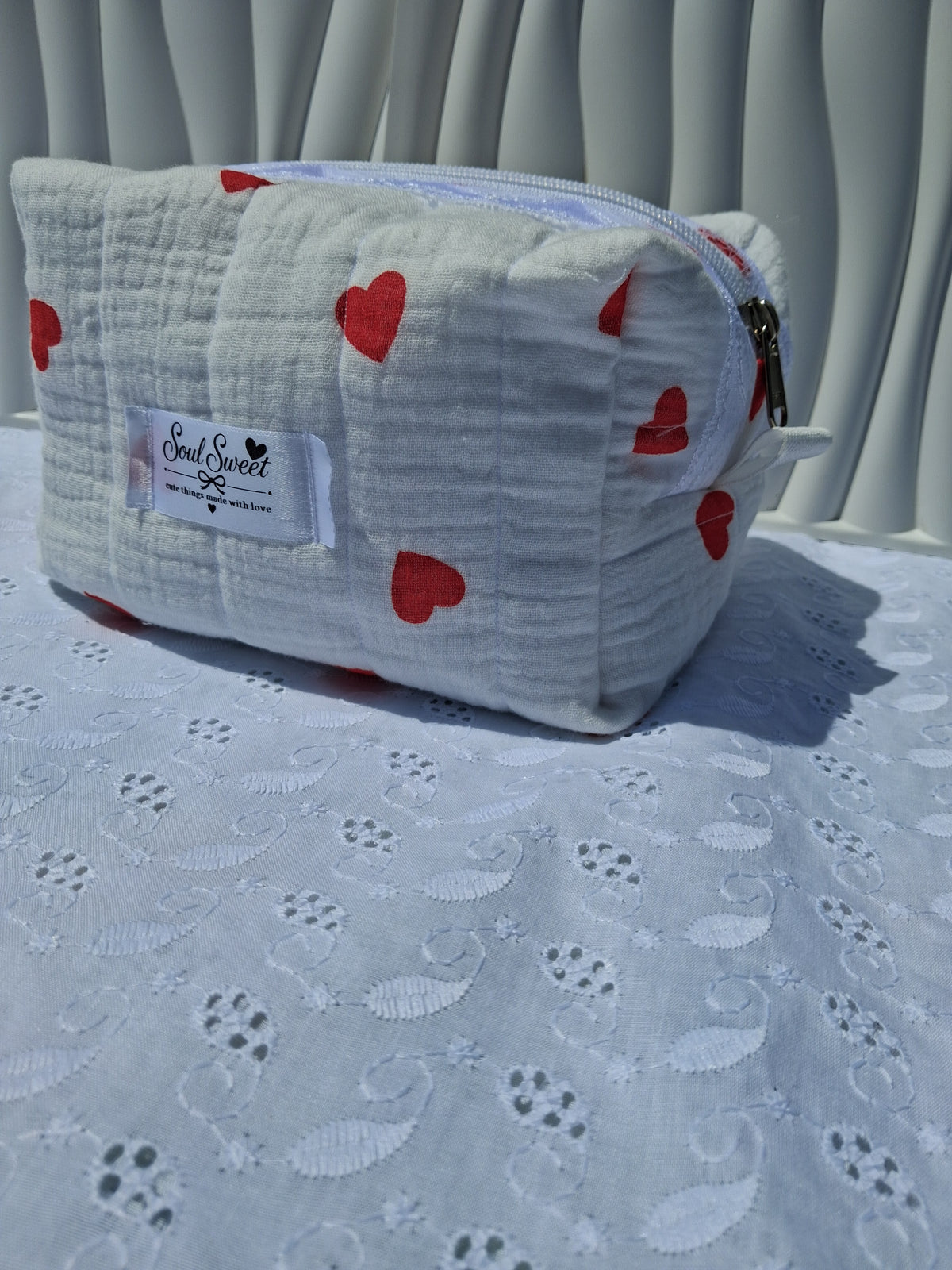 Red Hearts Quilted Medium Toiletry Bag with Lace