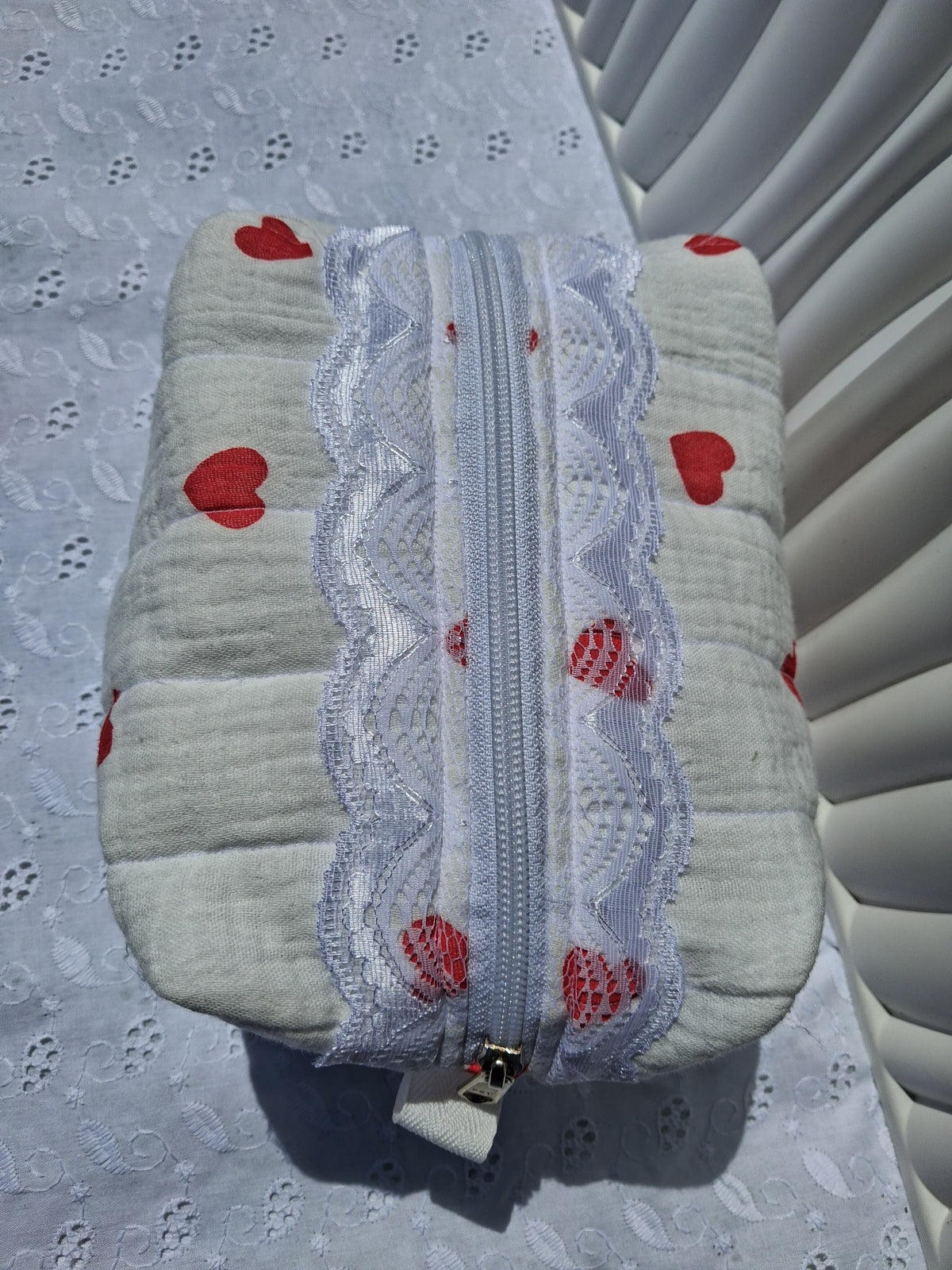 Red Hearts Quilted Medium Toiletry Bag with Lace
