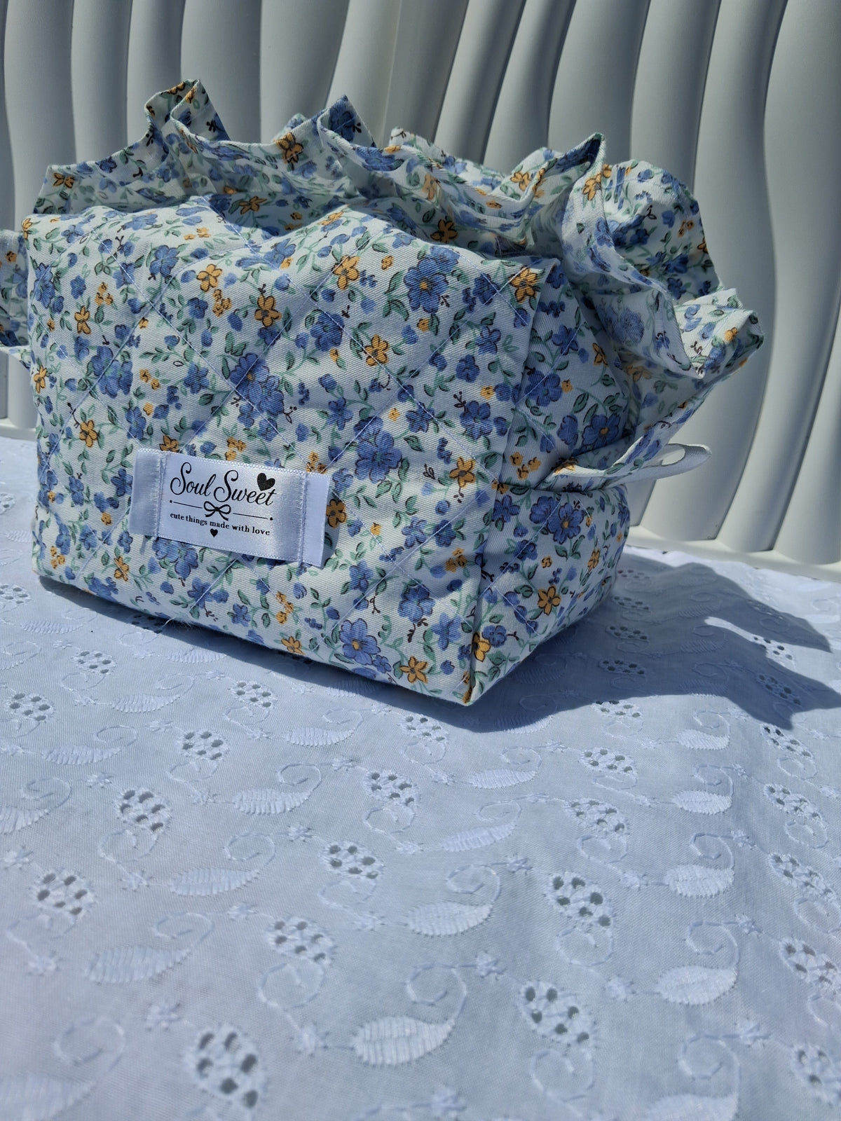 Blue Garden Quilted Medium Ruffle Toiletry Bag